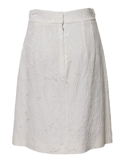 White Floral Brocade A-line High Waist Skirt