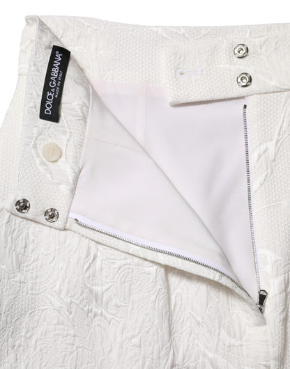 White Floral Brocade A-line High Waist Skirt