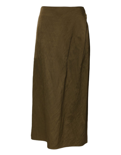 Olive Green Viscose A-line High Waist Midi Skirt