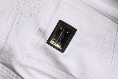 White Tattered Cotton High Waist Denim Jeans