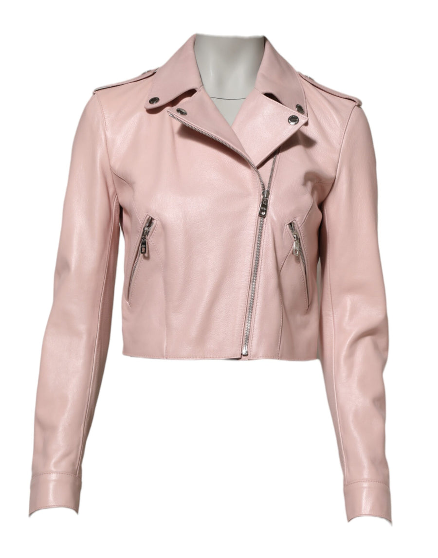 Light Pink Collar Leather Women Biker Jacket