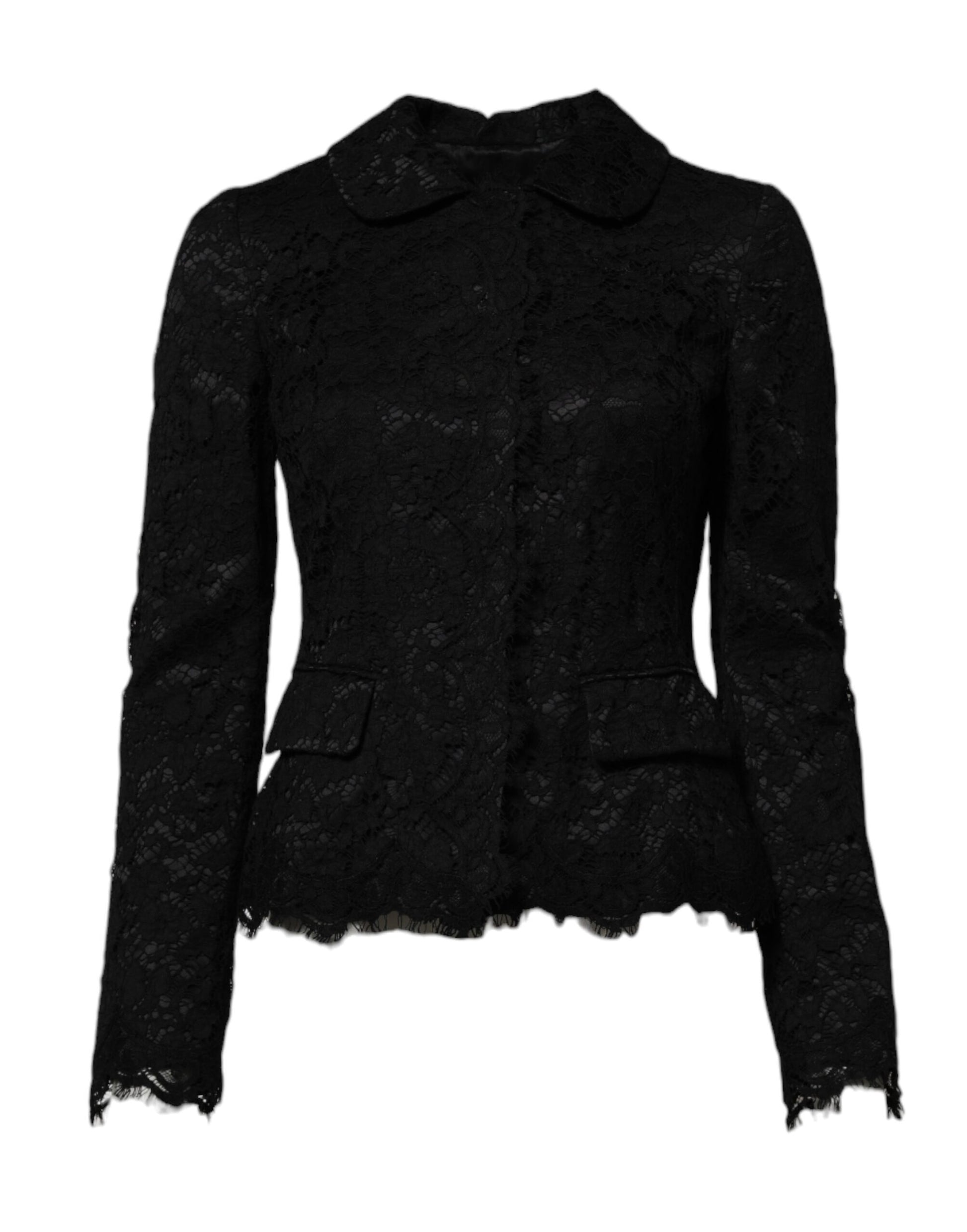Black Floral Lace Cotton Collared Jacket