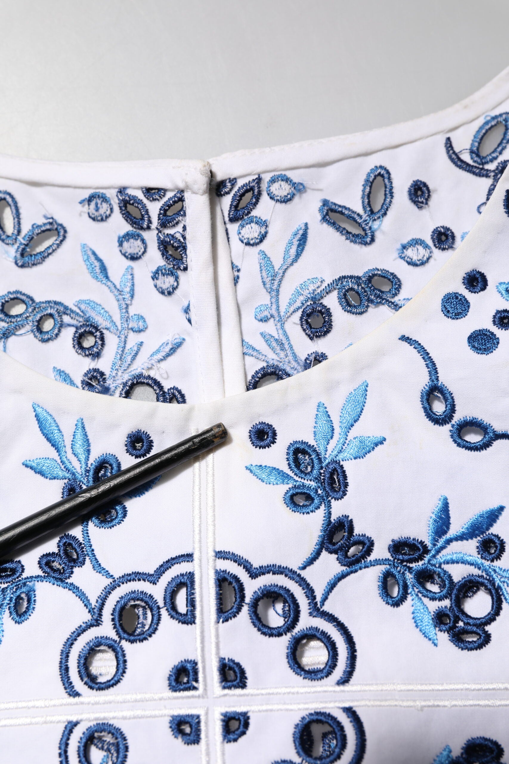 Blue Lace Eyelet Crew Neck Blouse Top