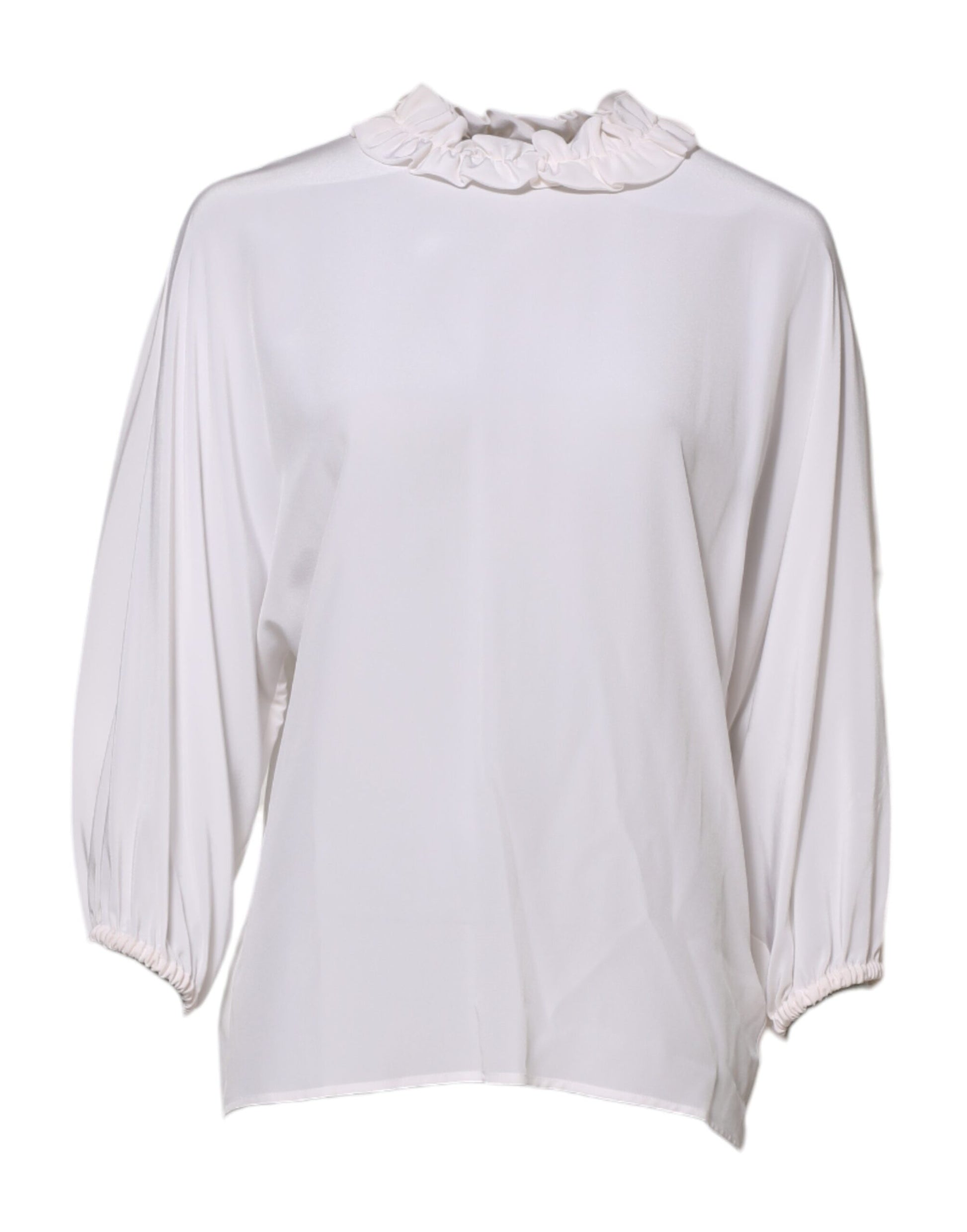 White Ruffled Neckline Blouse Pullover Top