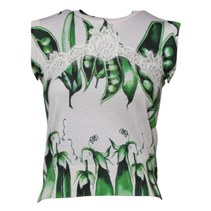 White Green Pea Print Sleeveless Blouse Top