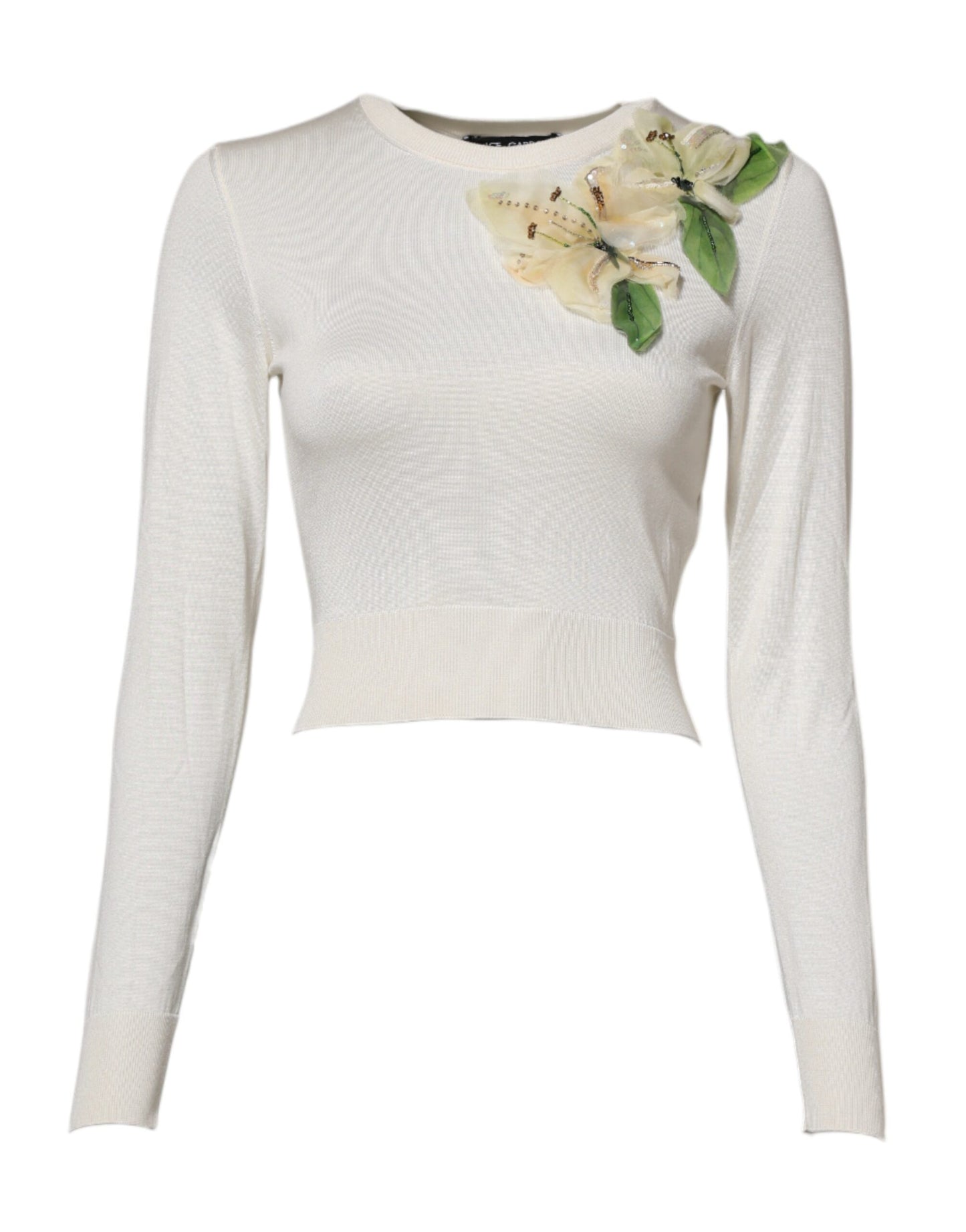 White Silk Lily Embellished Pullover Sweater