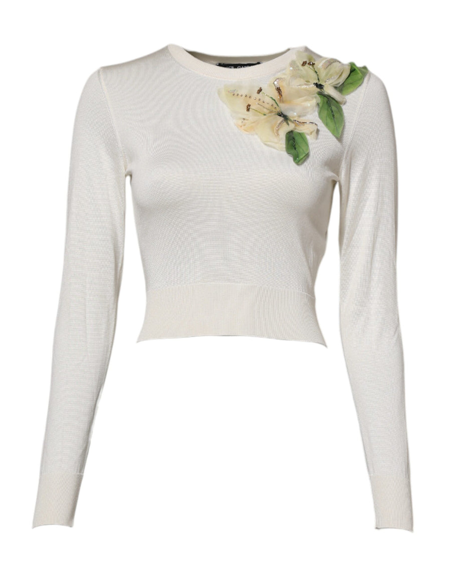 White Silk Lily Embellished Pullover Sweater