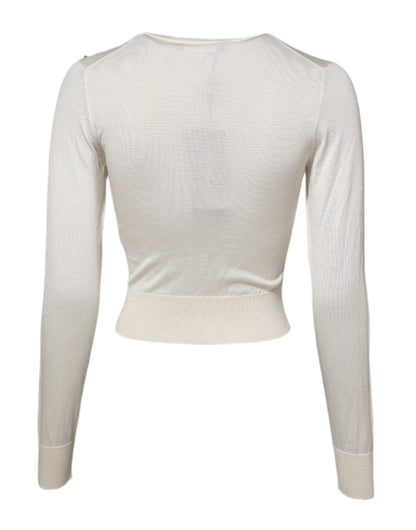 White Silk Lily Embellished Pullover Sweater
