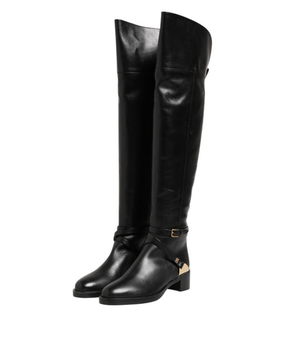 Black Leather Buckled High Boots Shoes