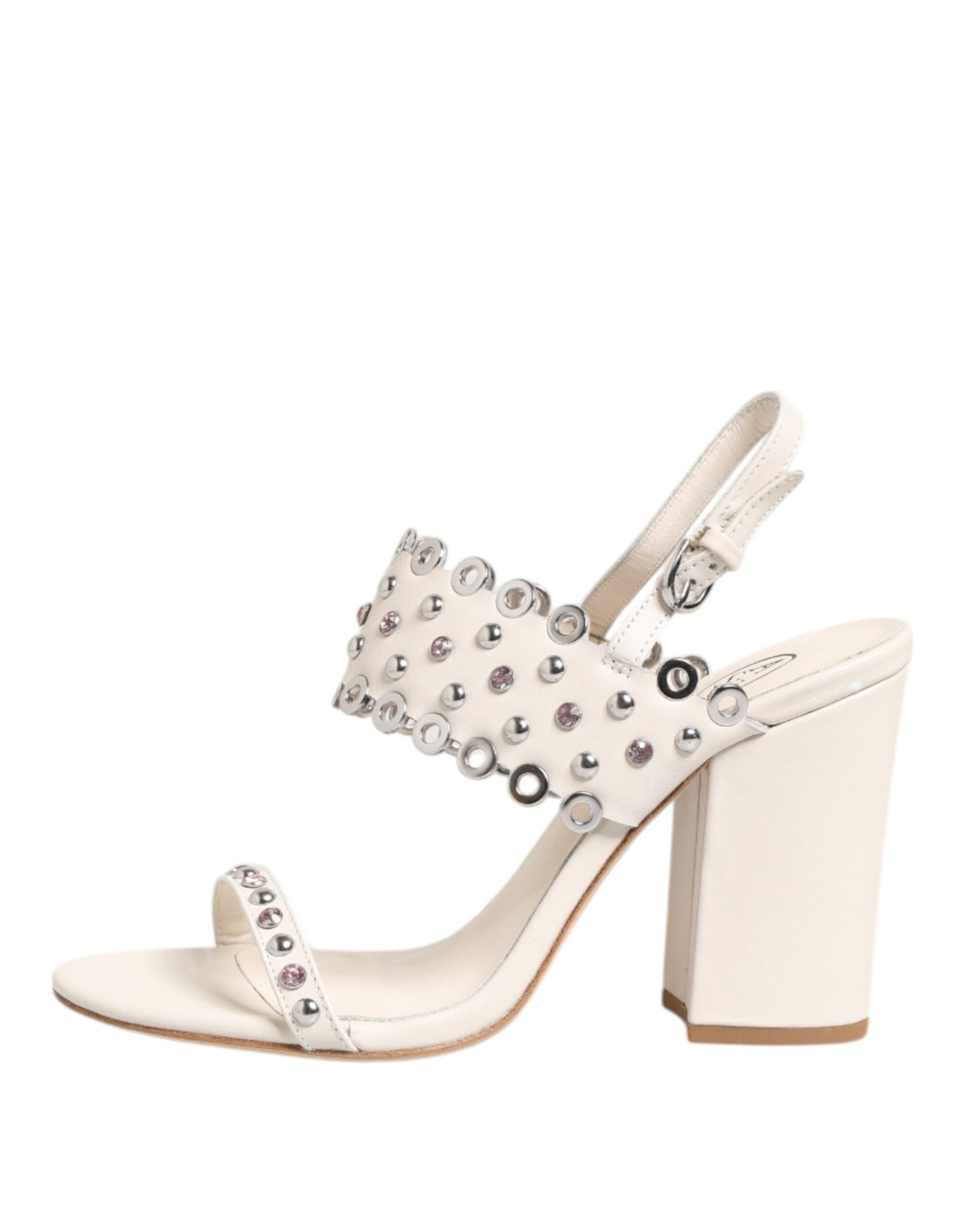 White Block Heeled Studded Quarter Strap Sandals Shoes