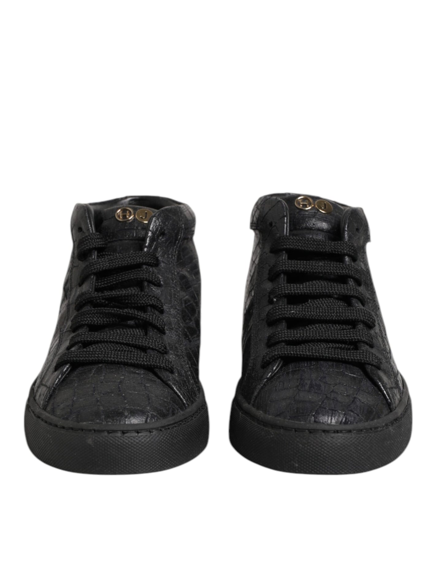 Black Leather Lace Up Mid Top Sneakers Shoes