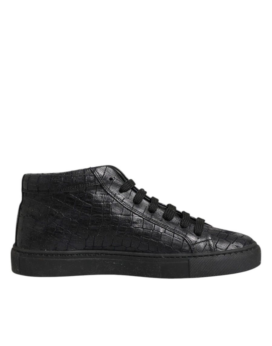 Black Leather Lace Up Mid Top Sneakers Shoes