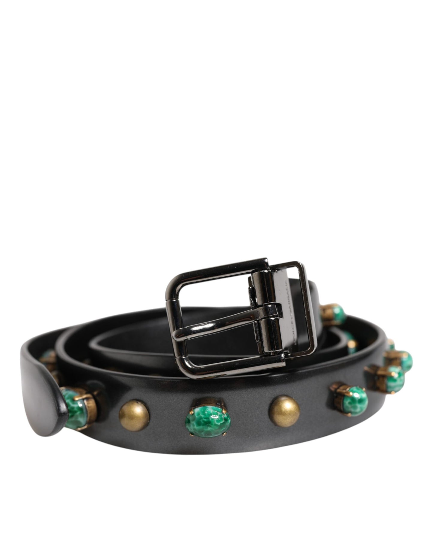 Black Leather Studded Silver Tone Buckle Belt
