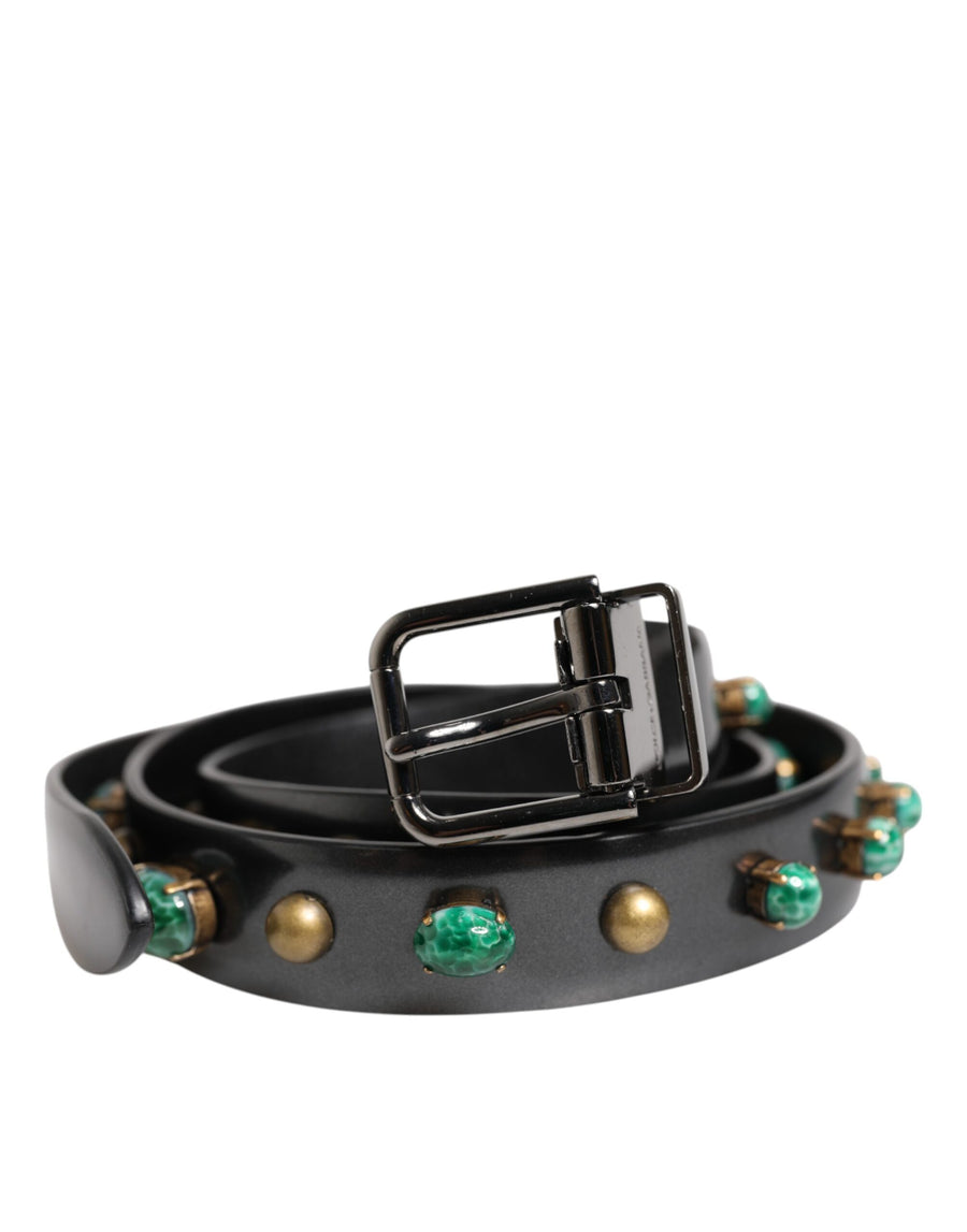 Black Leather Studded Silver Tone Buckle Belt