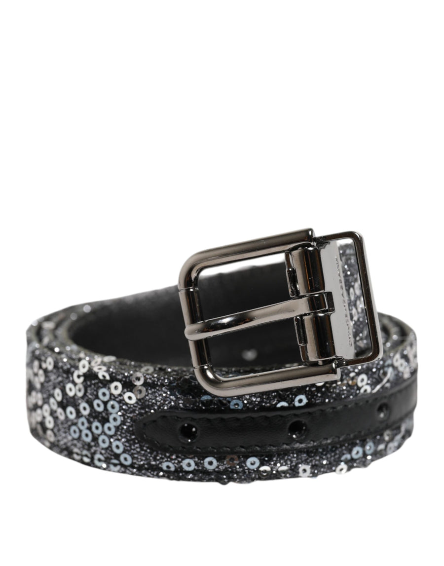 Black Sequins Silver Metal Logo Buckle Belt
