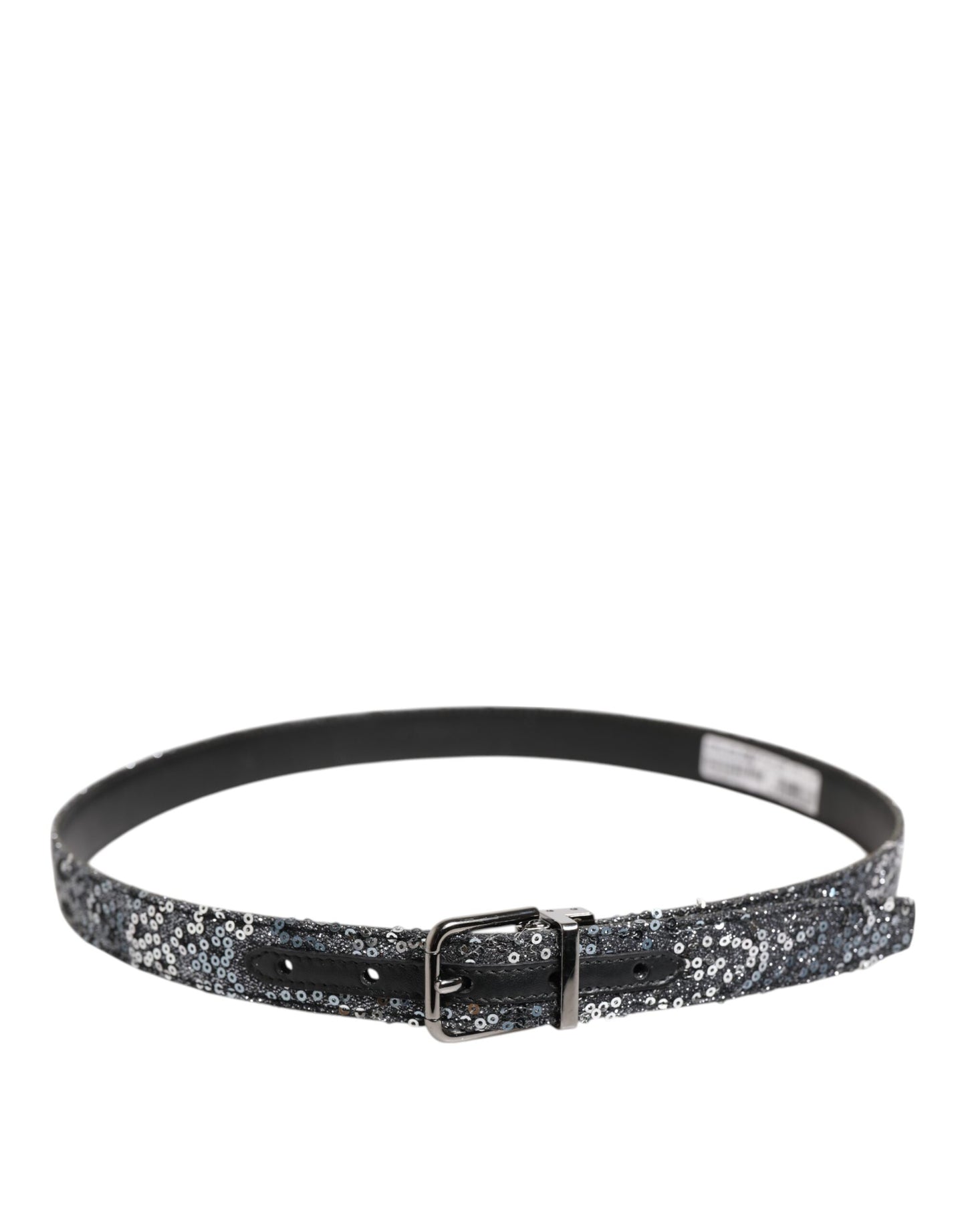 Black Sequins Silver Metal Logo Buckle Belt