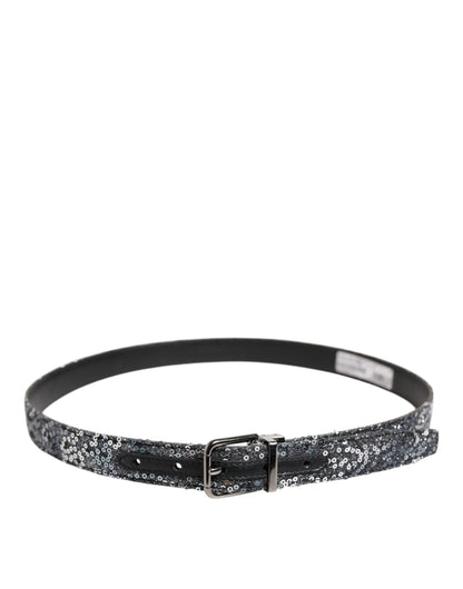 Black Sequins Silver Metal Logo Buckle Belt