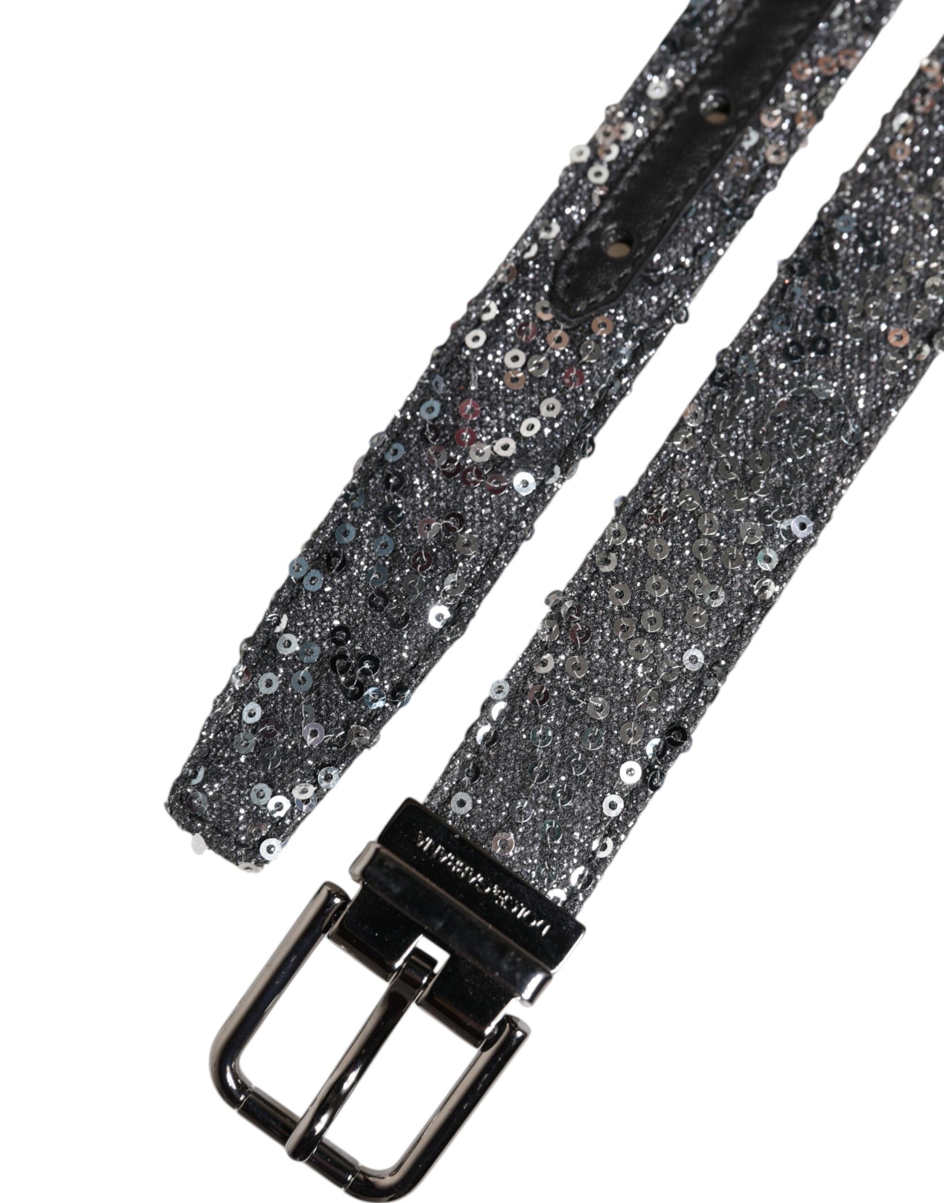 Black Sequins Silver Metal Logo Buckle Belt