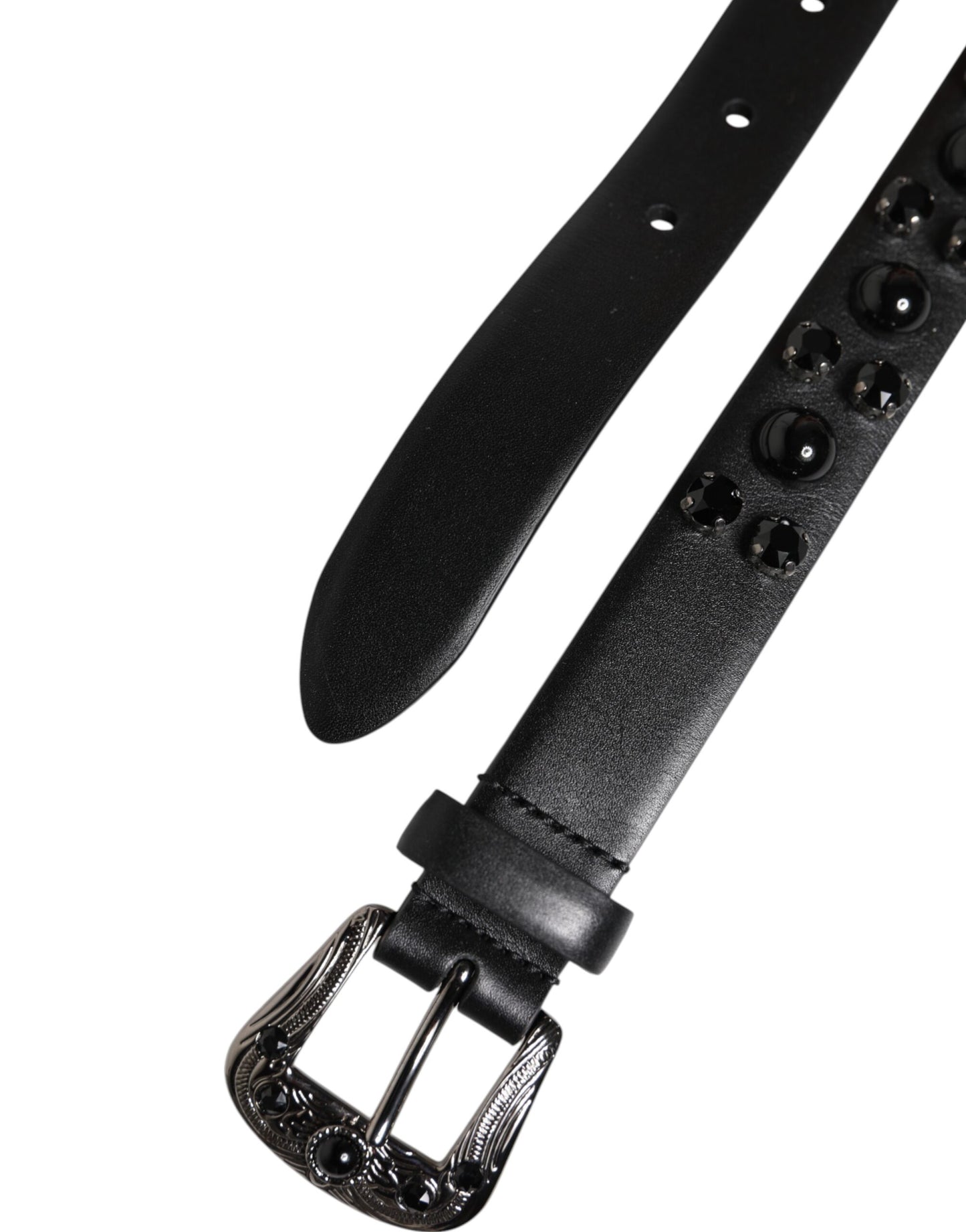 Black Studded Leather Metal Logo Buckle Belt