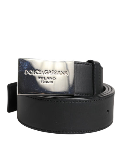 Black Leather Metal Logo Buckle Belt