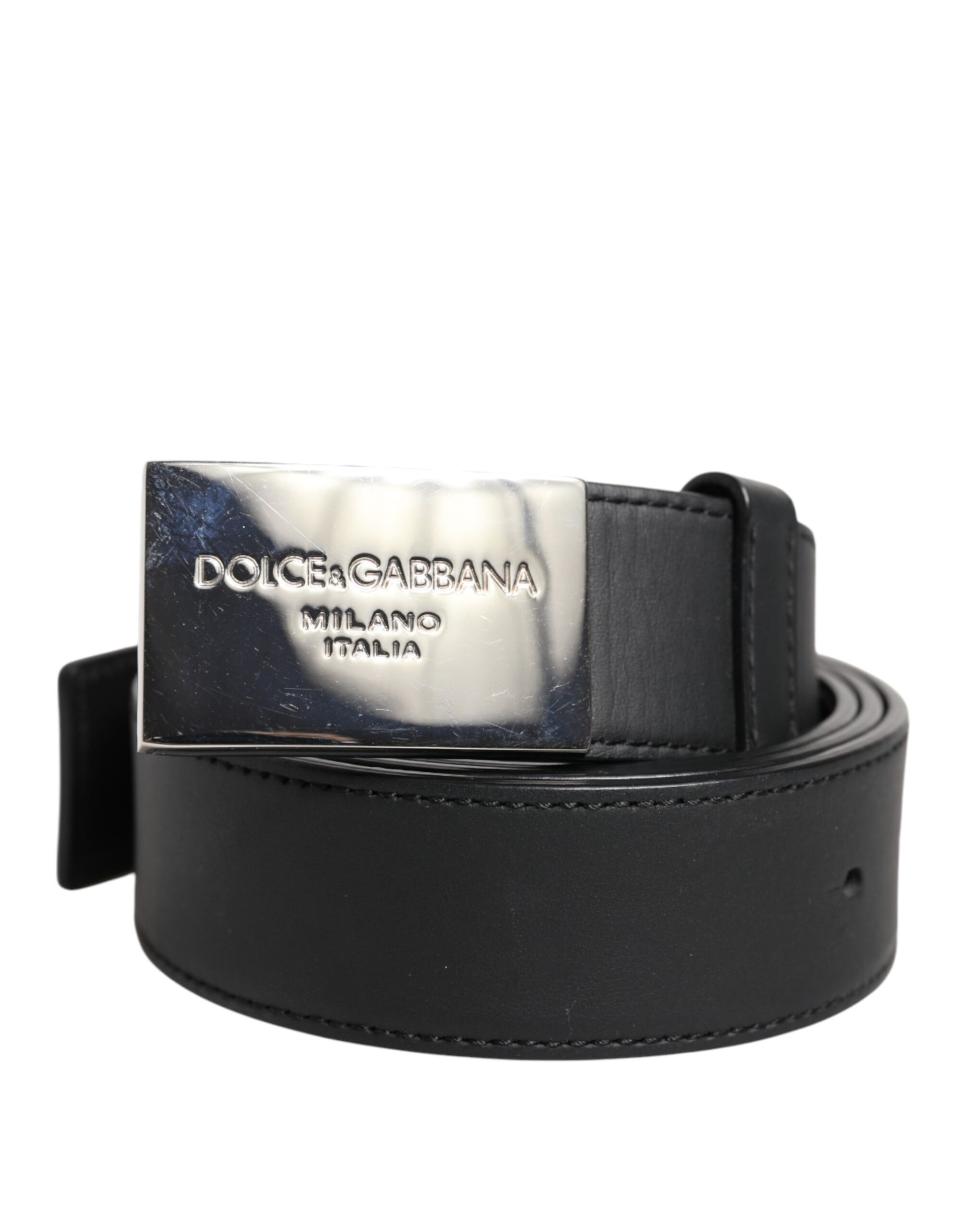 Black Leather Metal Logo Buckle Belt
