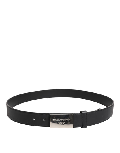 Black Leather Metal Logo Buckle Belt