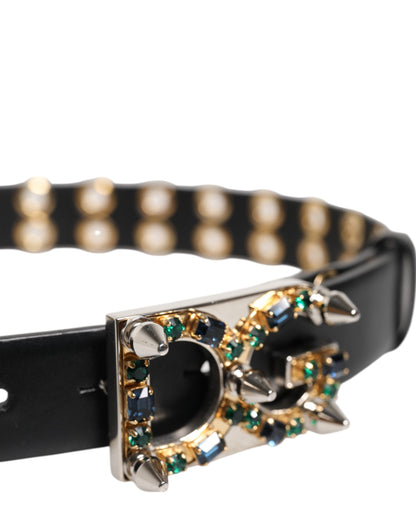 Black Leather Eyelet Crystal DG Buckle Belt