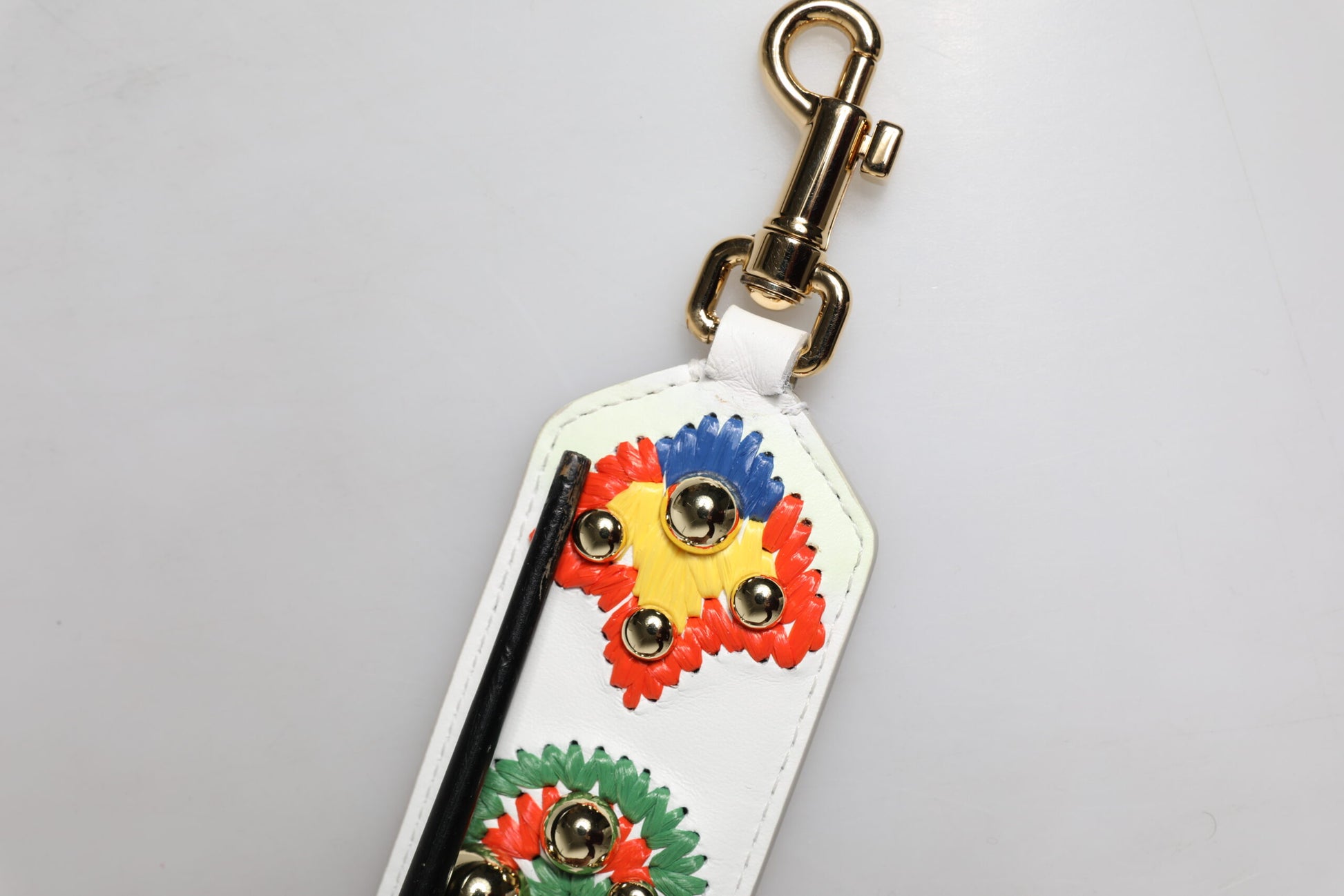 White Calfskin Raffia Embroidered Patchwork Shoulder Strap