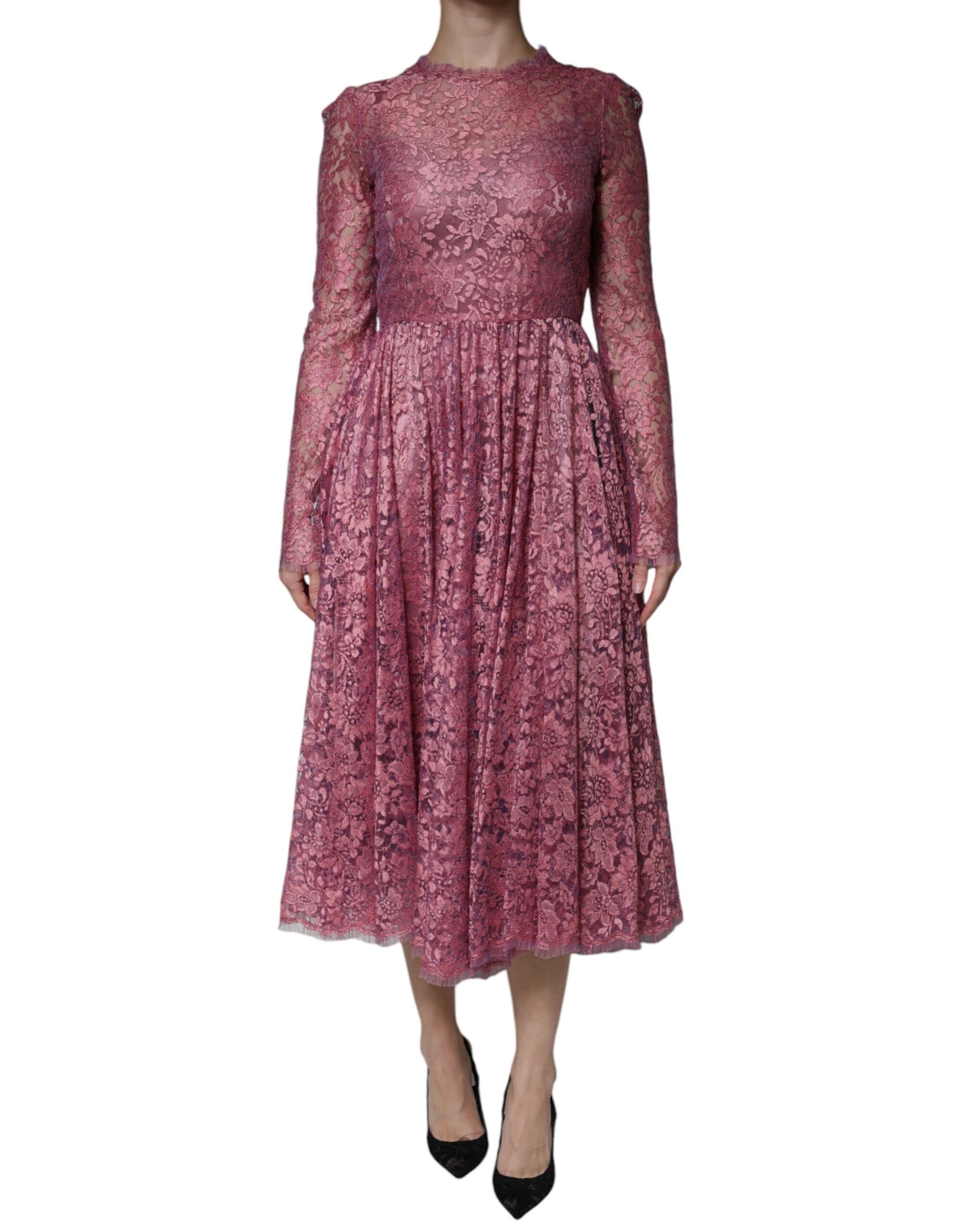 Pink Floral Lace Long Sleeve Midi Dress