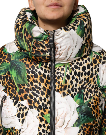 Multicolor Leopard Rose Puffer Quilted Jacket