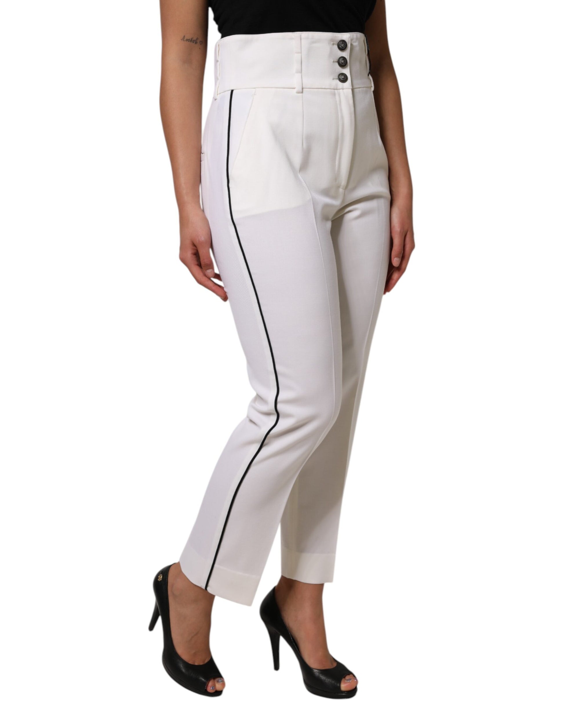 White Wool High Waist Tapered Pants