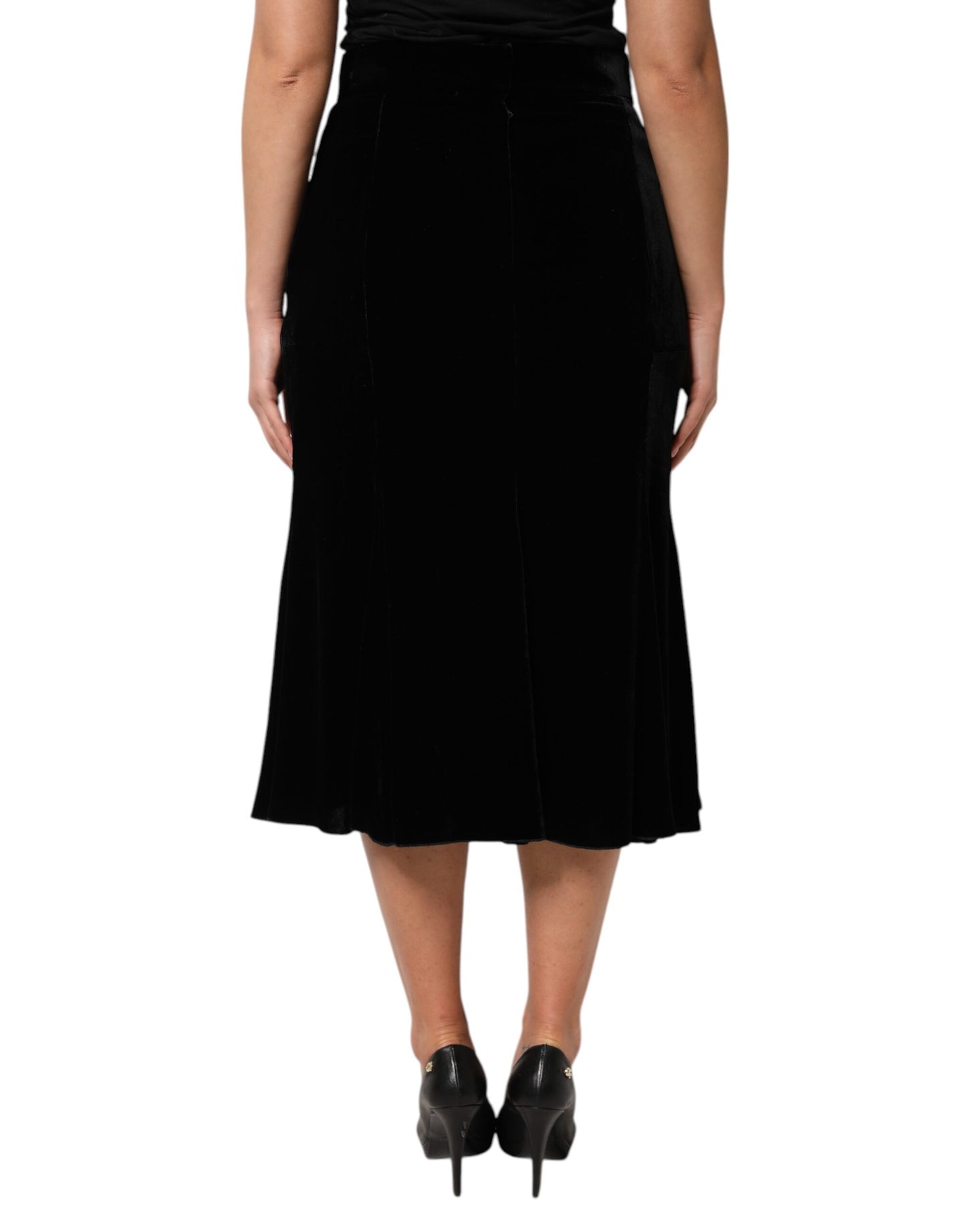 Black High Waist Fit Flared Midi Skirt