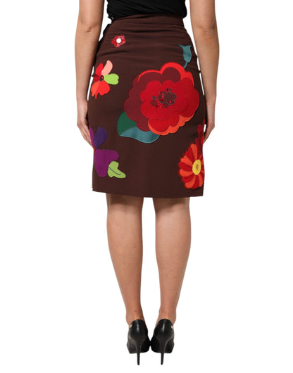 Brown Floral High Waist Side Slit Skirt