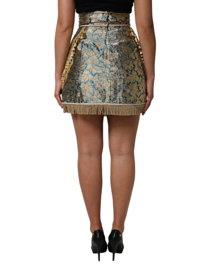Blue Floral Jacquard Tasseled Mini Skirt