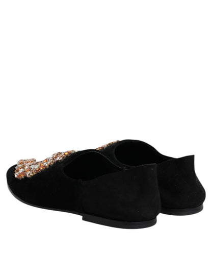 Black Velvet Embellished Loafer Slip On Shoes