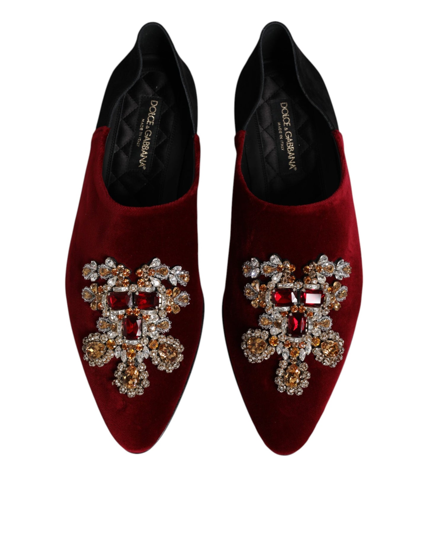 Black Red Velvet Embellished Slip On Shoes