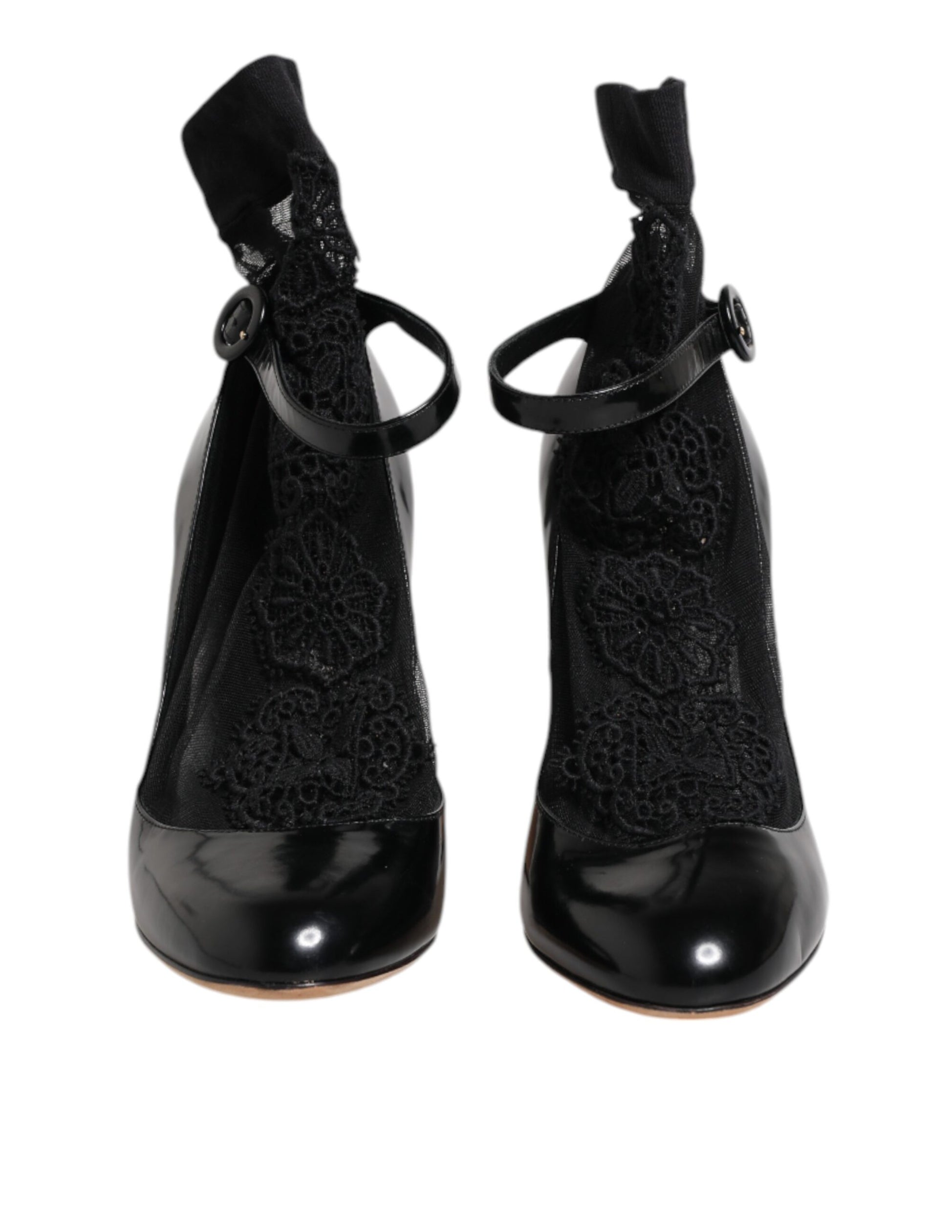 Black Leather Lace Socks Heels Pumps Shoes