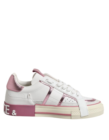 White Pink Leather Low Top Sneakers Shoes