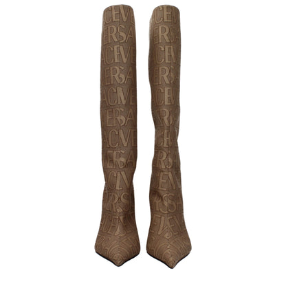 Beige Fabric High Heel Boots