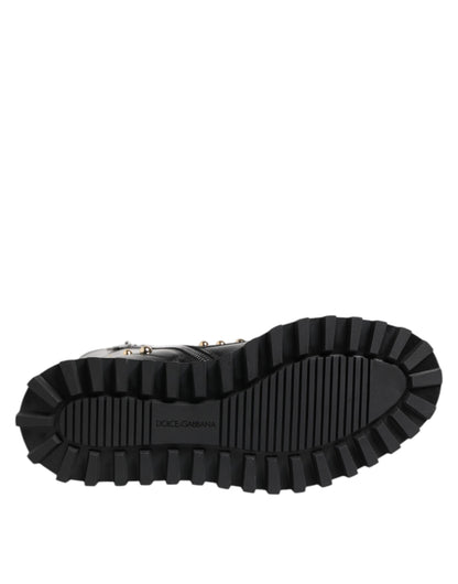 Black Studded Lace Up Mid Calf Boots Shoes