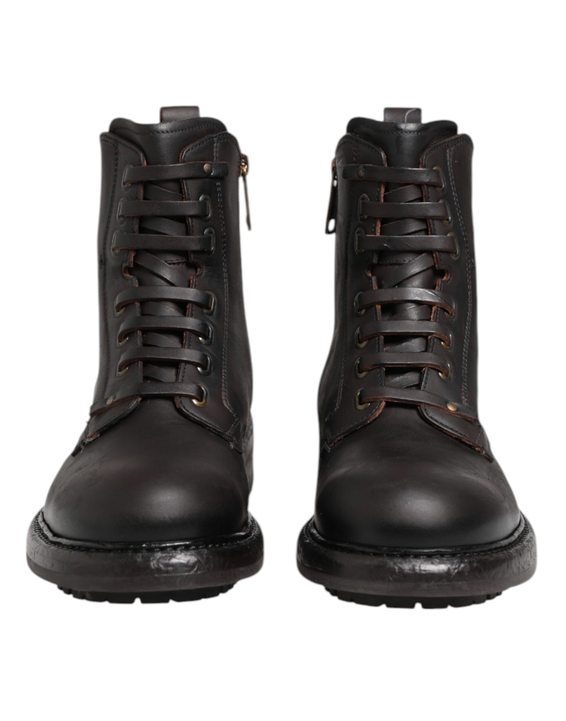 Dark Brown Leather Lace Up Mid Calf Boots Shoes