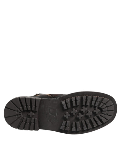 Dark Brown Leather Lace Up Mid Calf Boots Shoes