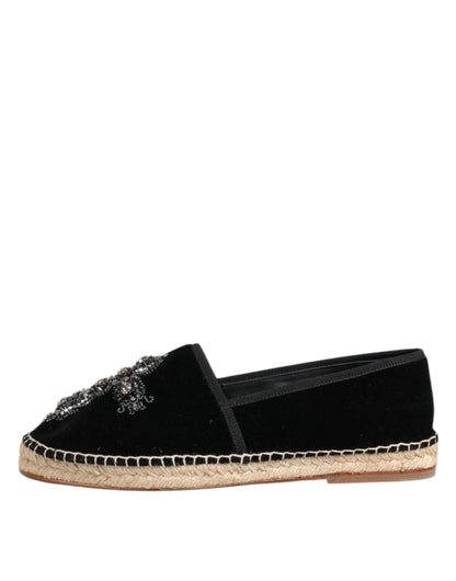 Black Cross Crystal Slip On Espadrille Shoes