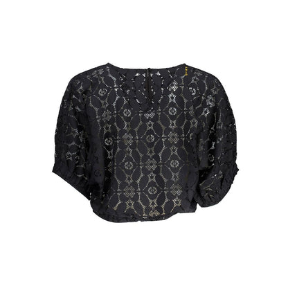"Black Polyester Women Blouse with Contrasting Elastic Waistband"