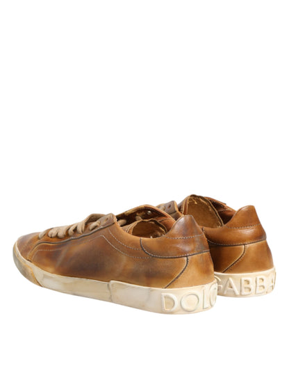 Brown Leather Low Top Men Sneakers Shoes
