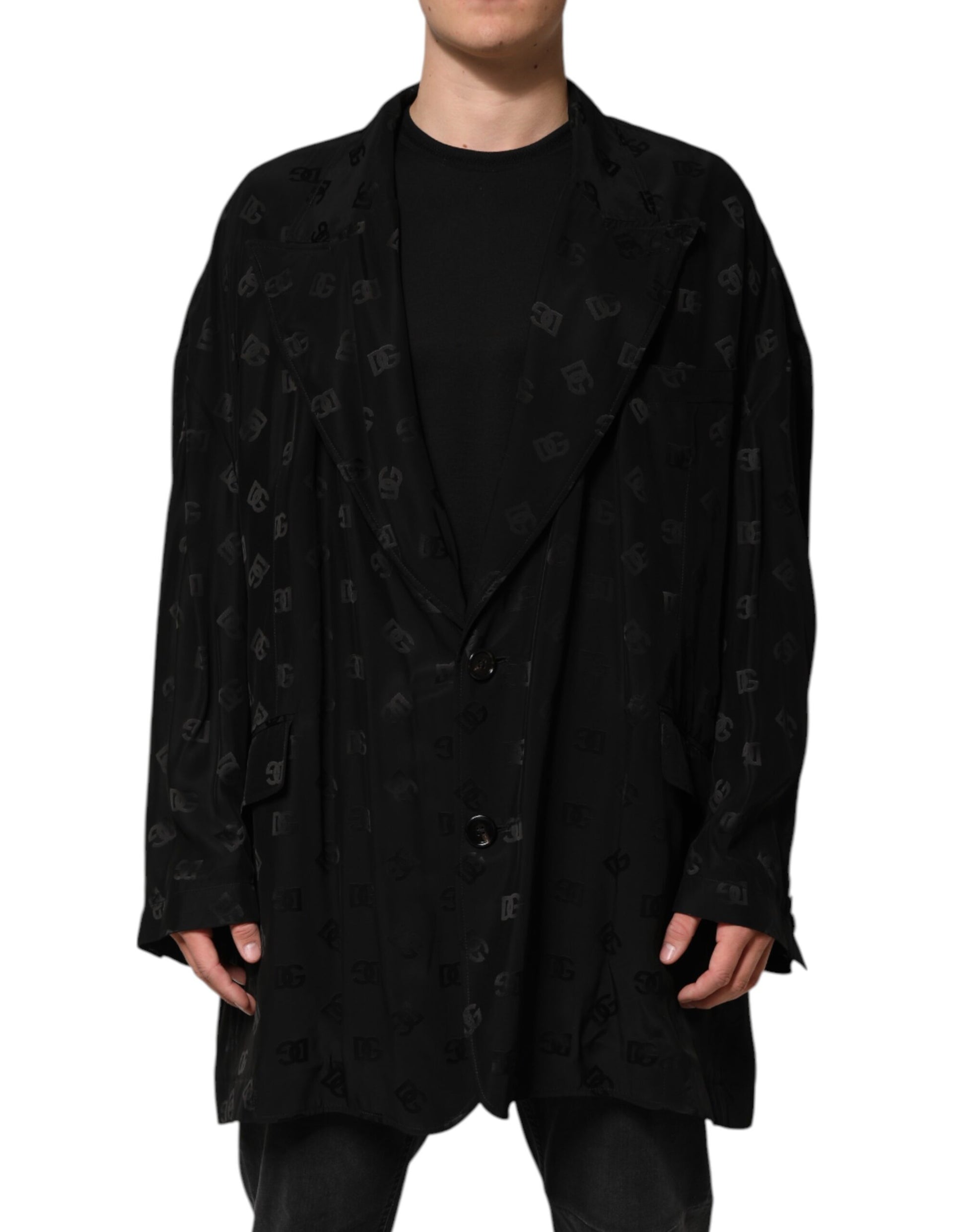 Black Polyester Logo Monogram Coat Jacket