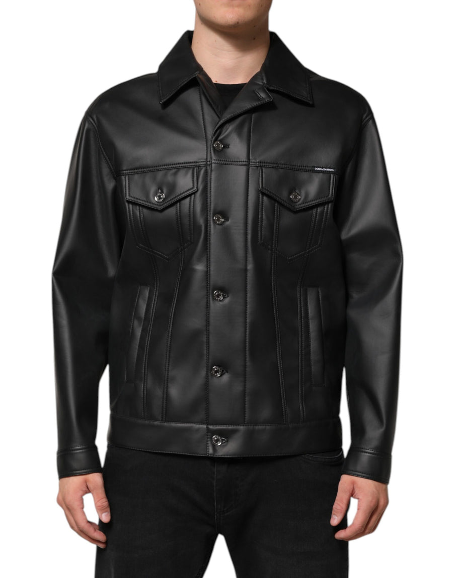Black Polyester Button Down Biker Jacket