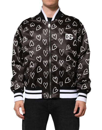 Black Polyester Heart Print Bomber Jacket