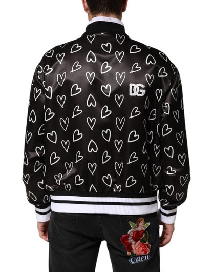 Black Polyester Heart Print Bomber Jacket