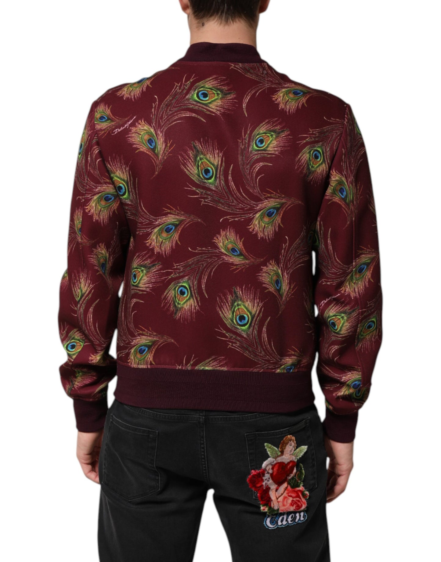 Maroon Peacock Feather Print Bomber Jacket